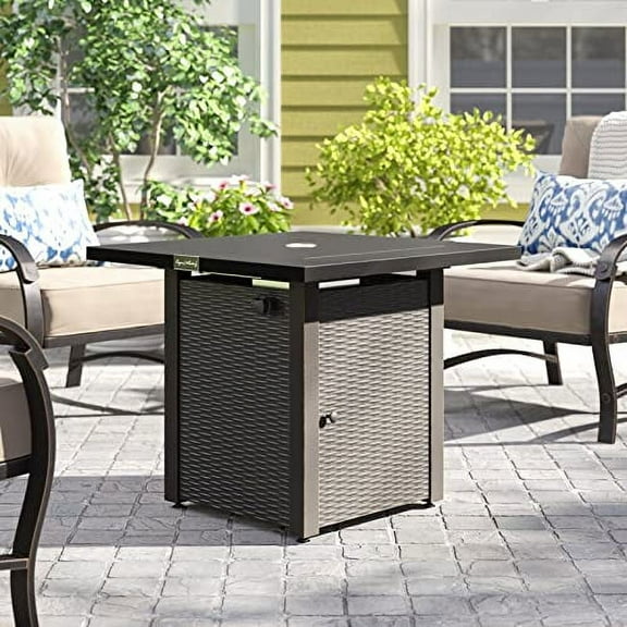 28in Propane Fire Pit Gas Fire Pit Table with Lid, 50,000 BTU with Lava Rocks for Outside Garden Backyard Deck Patio Black