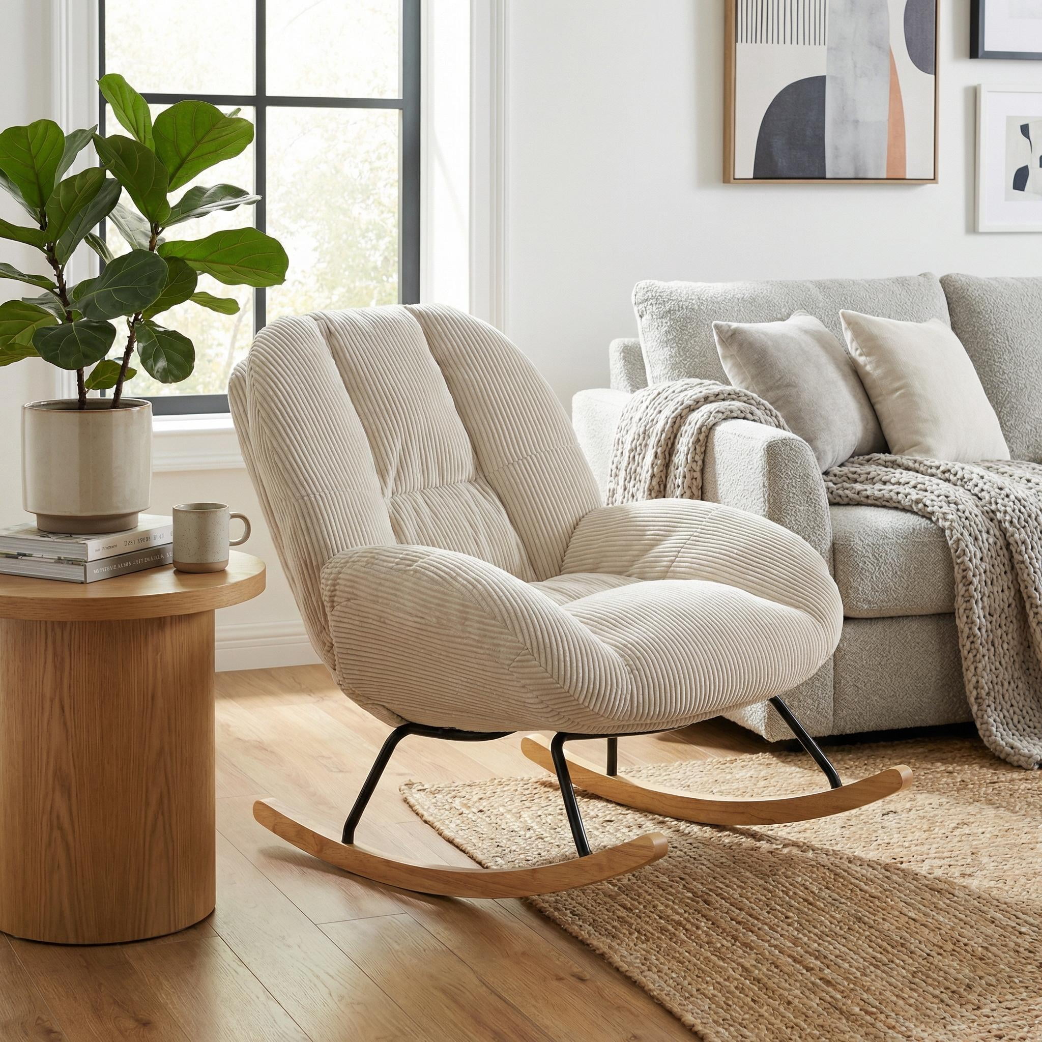 Homy Casa Corduroy Rocking Accent Chair with Solid Wood Base, Lounge Chair for Living Room, Bedroom, Reading Corner