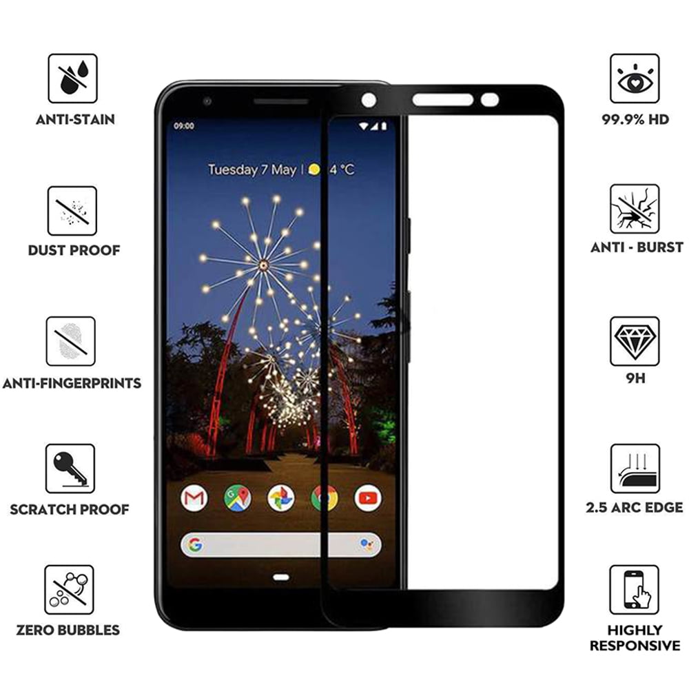 For Google Pixel 3A 5D Curved Tempered Glass Screen Protector Black