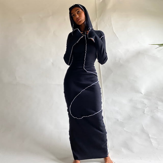 Mikilon Robe Longue à Manches Longues à Capuche pour Femmes Robe de Soirée Moulante Club