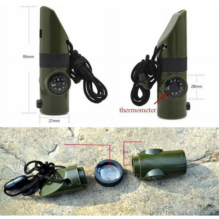 7 in 1 Emergency Survival Camping Hiking Whistle Compass Thermometer LED