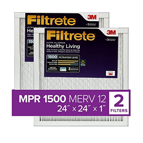Filtrete Filtre à Air 24x24x1, MPR 1500, MERV 12, Vie Saine Ultra-Allergène 3 Mois Plissé Filtres à Air 1 Pouce, 2 Filtres