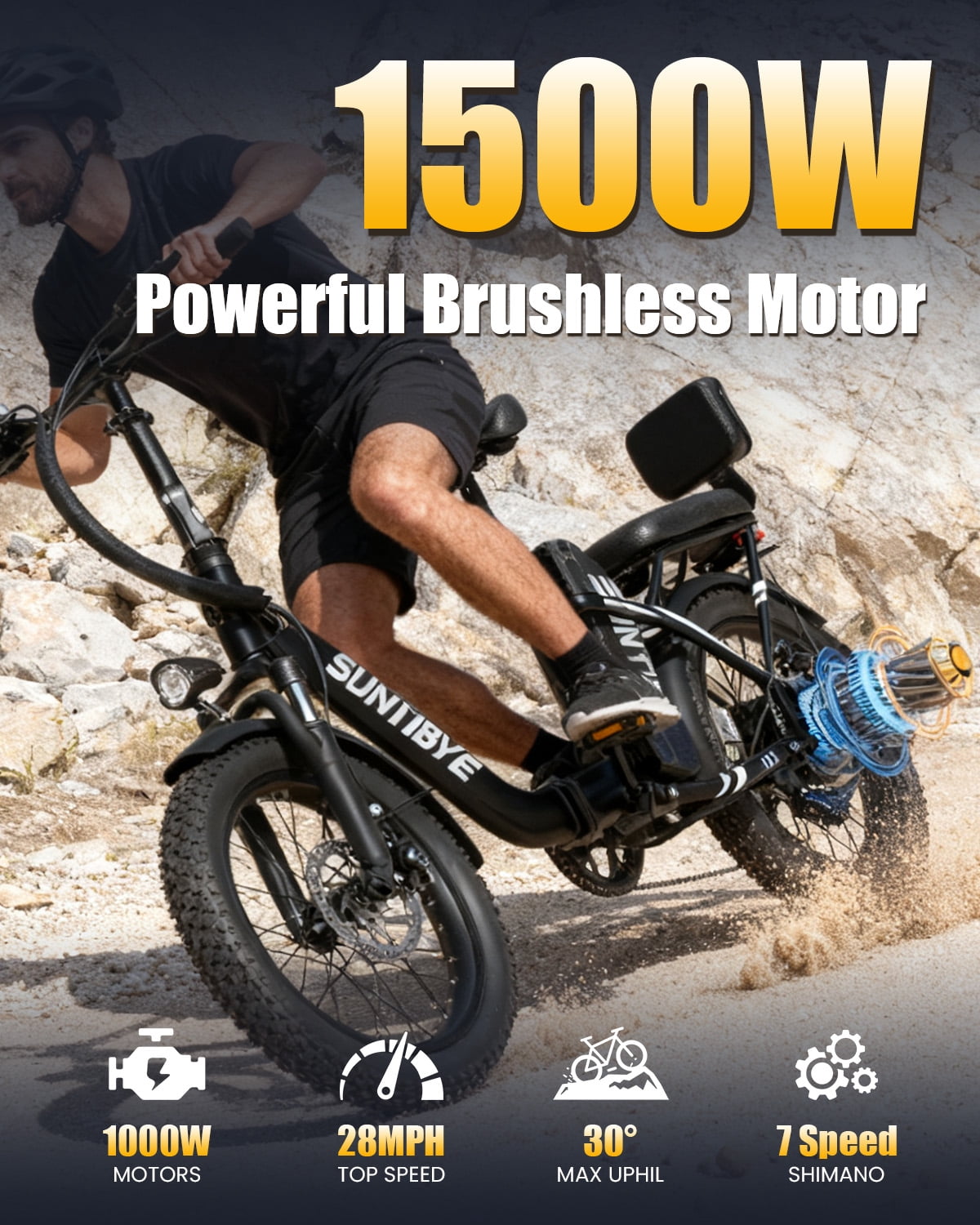 SUNTIBYE SE1 Folding Electric Bike for Adults, 1000W Motor, 28MPH, 48V 15Ah Battery, 20" Fat Tire E-Mountain Bike, UL2849, Black