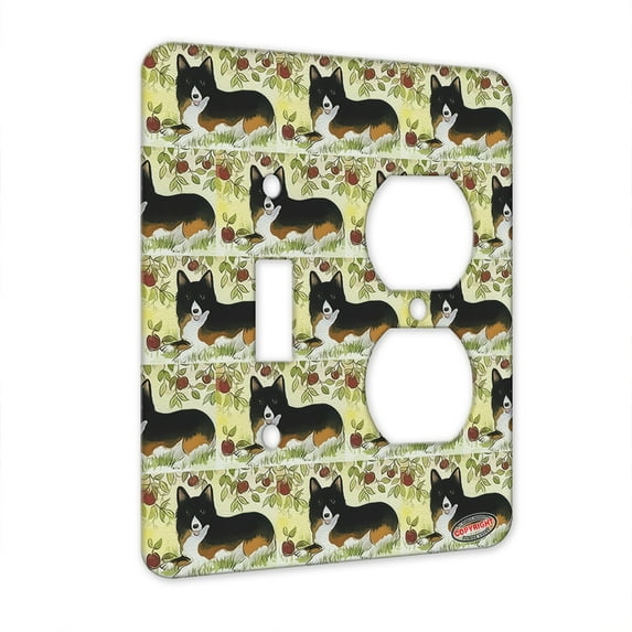 KuzmarK™ 2 Gang Single Toggle / Single Duplex Wall Plate - Black and Tan Welsh Corgi Under the Apple Tree Dog Modern Art by Denise Every