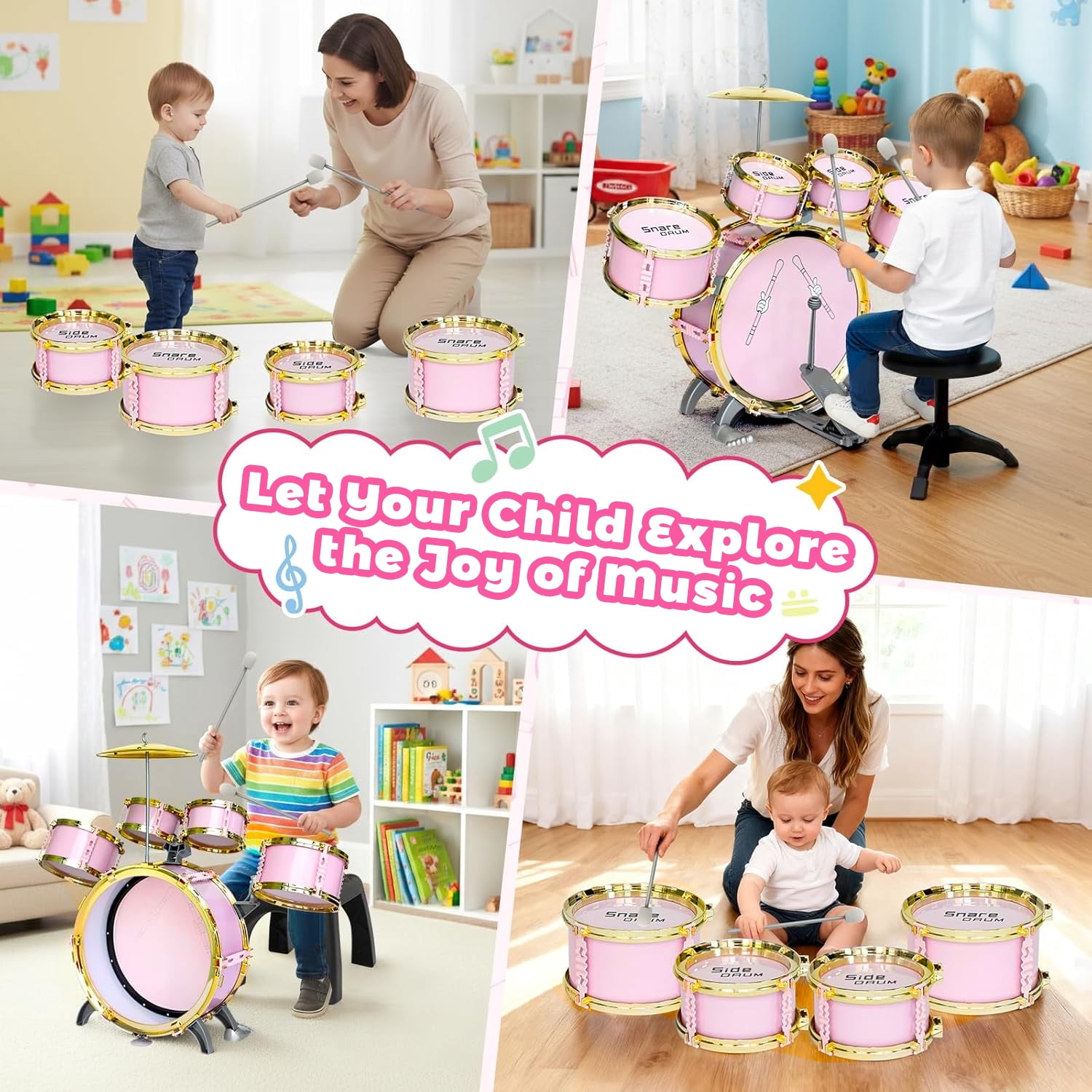 Aijohnny Toddler Light Jazz Drum Set, Musical Kid Drum Set with Stool, Pedal & Drumsticks, Birthday Gifts for Kids 1-3 3-5 5-8 Years Old