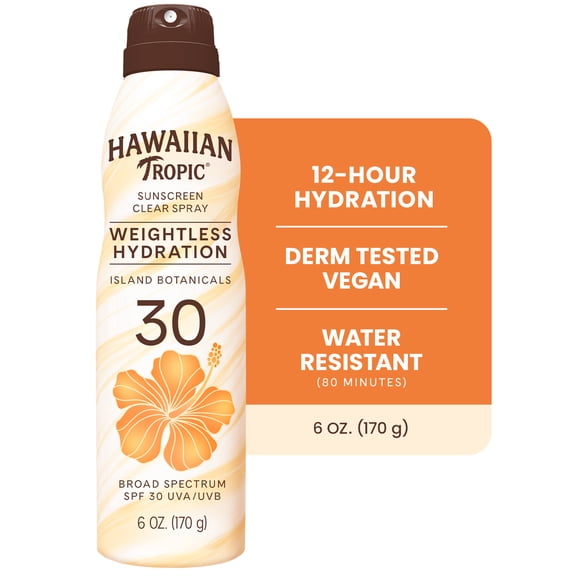 Hawaiian Tropic Weightless Hydration Clear Sunscreen Spray, SPF 30, 6 oz