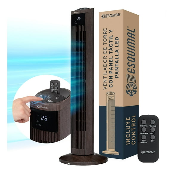 Ventilador de Torre Esquimal 95 cm, Silencioso, Oscilante 70°, Panel LED Táctil con Temperatura, 3 Velocidades, Temporizador 15h, Control Remoto, Color Café