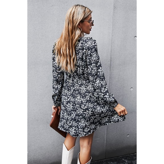 Floral Print V Neck Long Sleeve Ruffle Detail Dress for Women