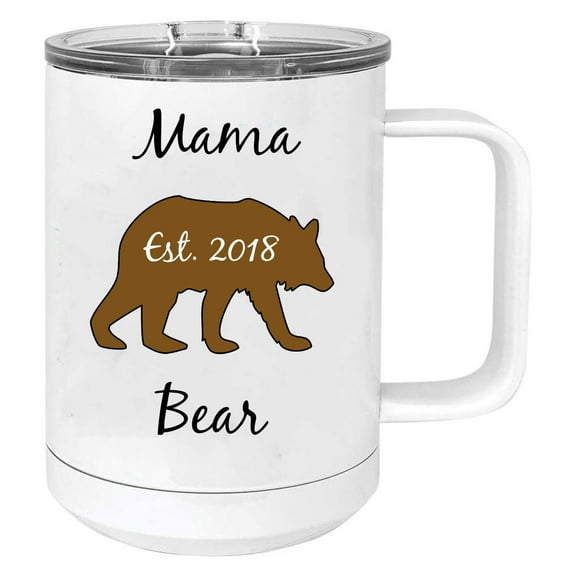 Mama Bear Est. 2018 Stainless Steel Vacuum Insulated 15 Oz Travel Coffee Mug with Slider Lid, White