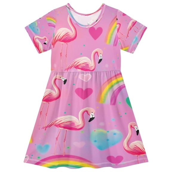 Girls Short Sleeve A-Line Dress Watermelon Hue Flamingos Play Dress Sizes 2T