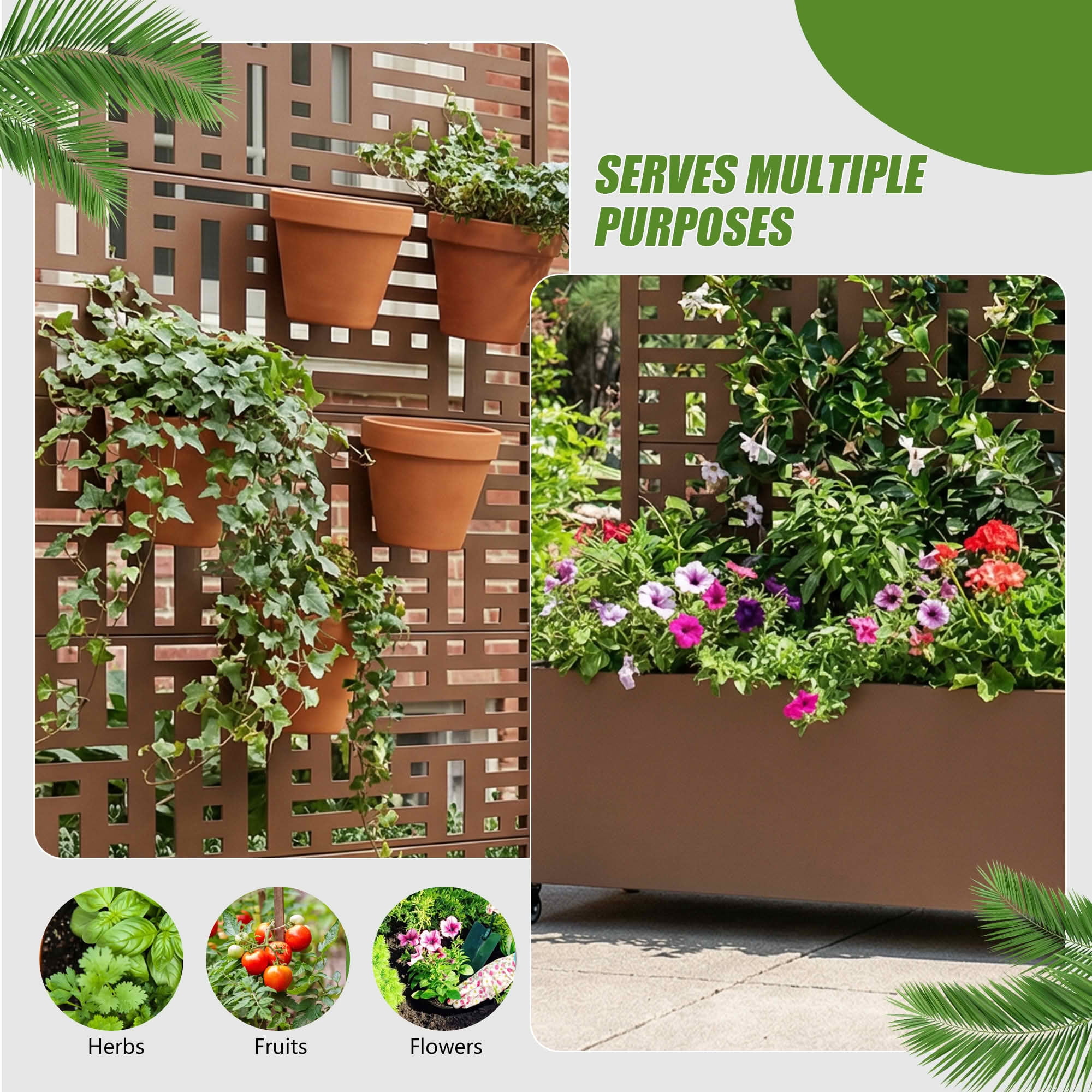 MAYEERTY 72X35" Metal Outdoor Brown Privacy Screen with Planter Box for Backyard & Garden, 5 Piece Set