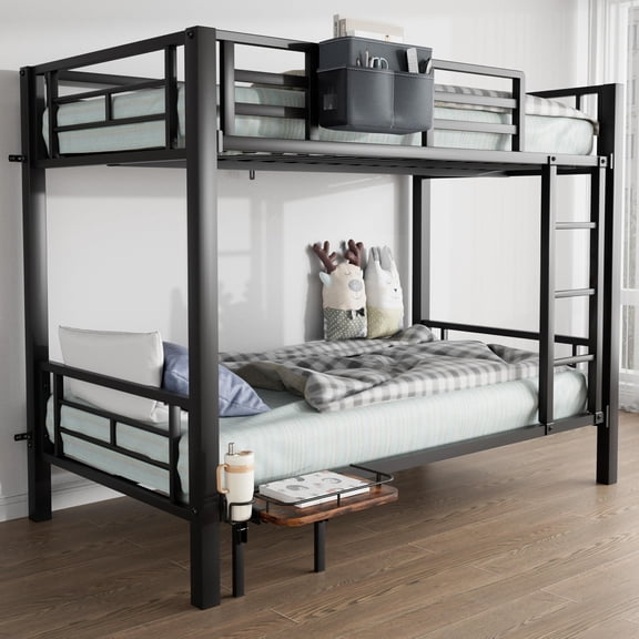 Amlancher Twin Over Twin Metal Bunk Bed with Storage Bag & Desk Board, Convertible into 2 Individual Beds, Black