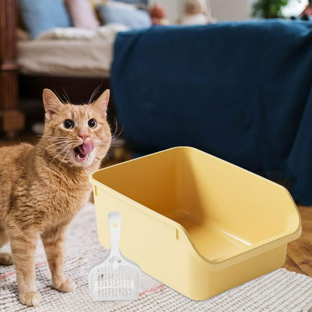 Caja de arena para gatos antiadherente semicerrada, contenedor de arena para gatos, orinal fácil de transportar, inodoro para gatitos, caja de arena p amarillo