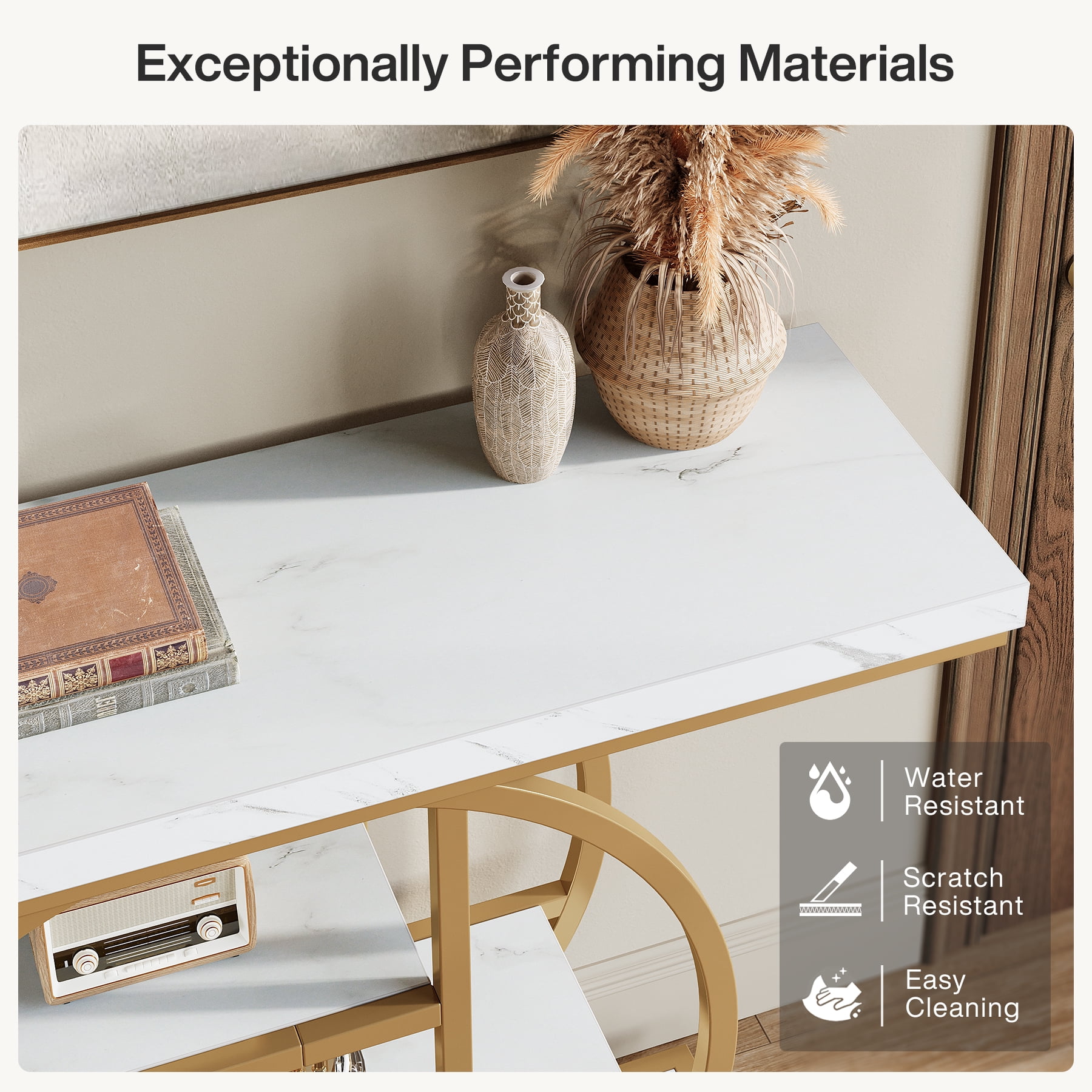 Fnova Console Table, Entryway Table with 4-Tier Storage Shelves, 42" Wood Modern Narrow Long Side Table, , Sofa Table, Accent Table for Living Room, Entryway, Hallway, White and Gold