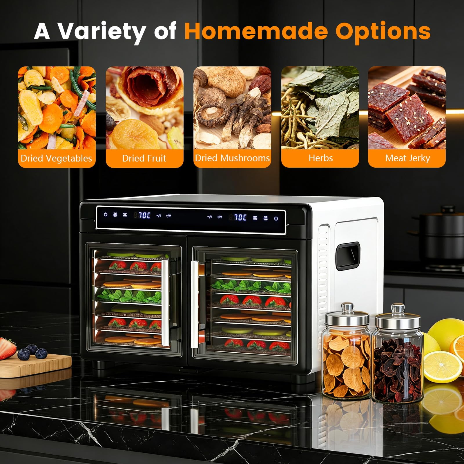 Auseo 1200W Food Dehydrator, Dehydrator Machine with Digital Pannel, Adjustable Temperature & 72H Timer, 2 Zone, 16 Trays for Fruits, Vegetables and Meat