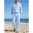 thumbnail image 5 of Men's Linen Blend Camp Collar Long Sleeve Shirt and Drawstring Pants Two Piece Outfit Light Blue L, 5 of 7
