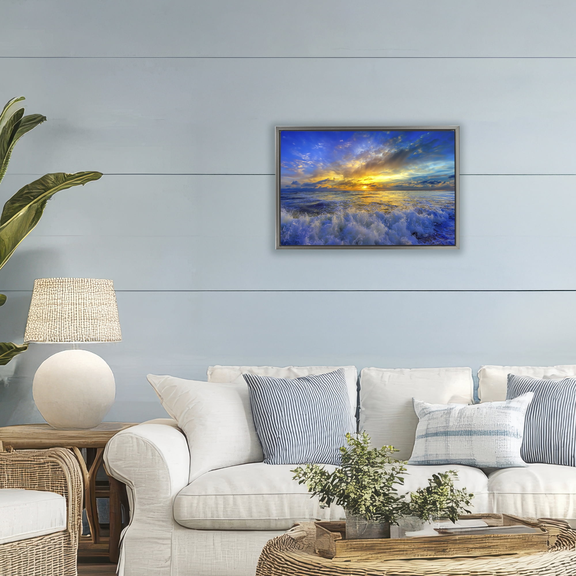 Stupell Industries Golden Blue Sunset over Waves Gray Framed Floater Canvas Wall Art, design by Eszra Tanner