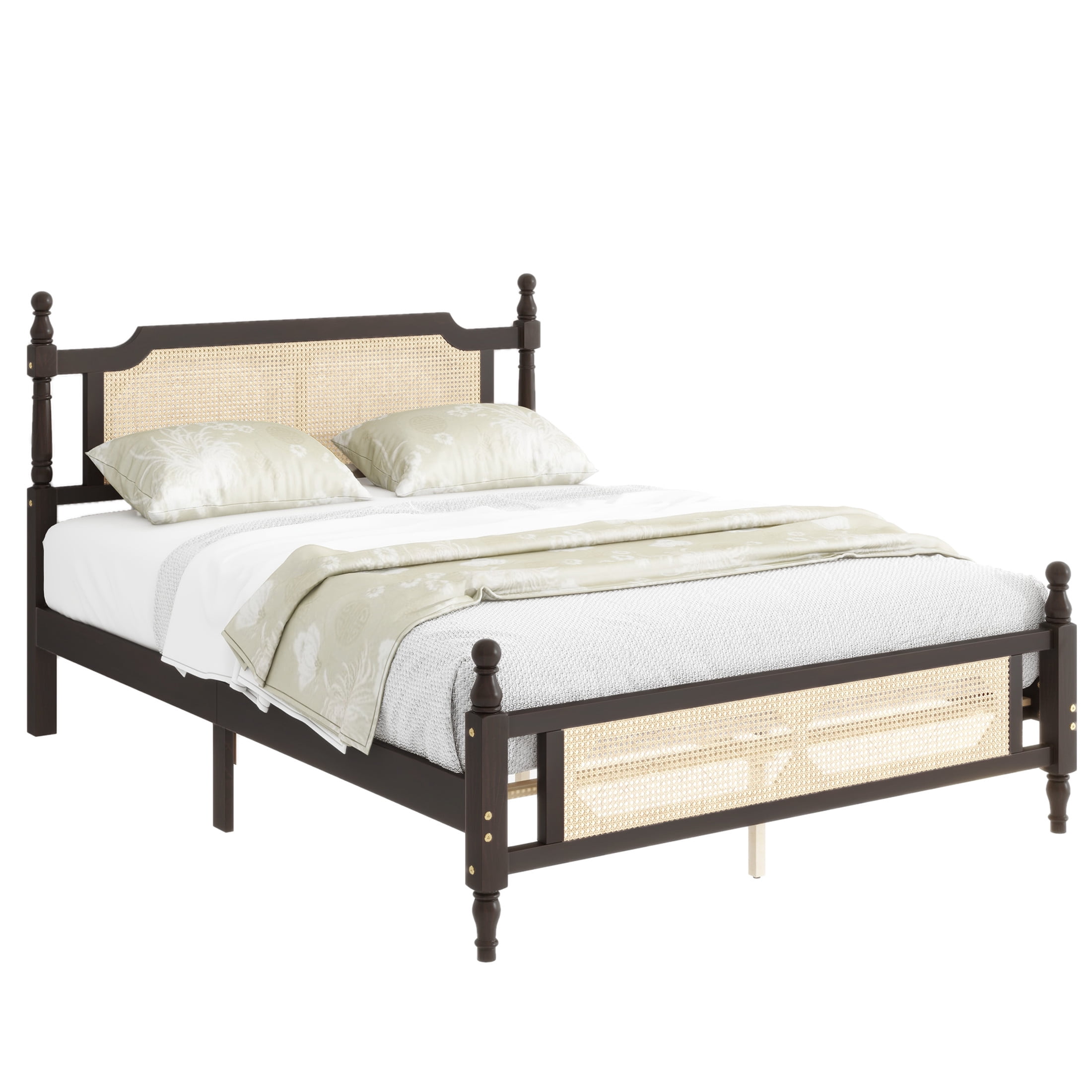 Noble House Elsie Queen Bed, Pine Wood Frame with Rattan Headboard & Footboard, Enhanced Slat Platform, Espresso