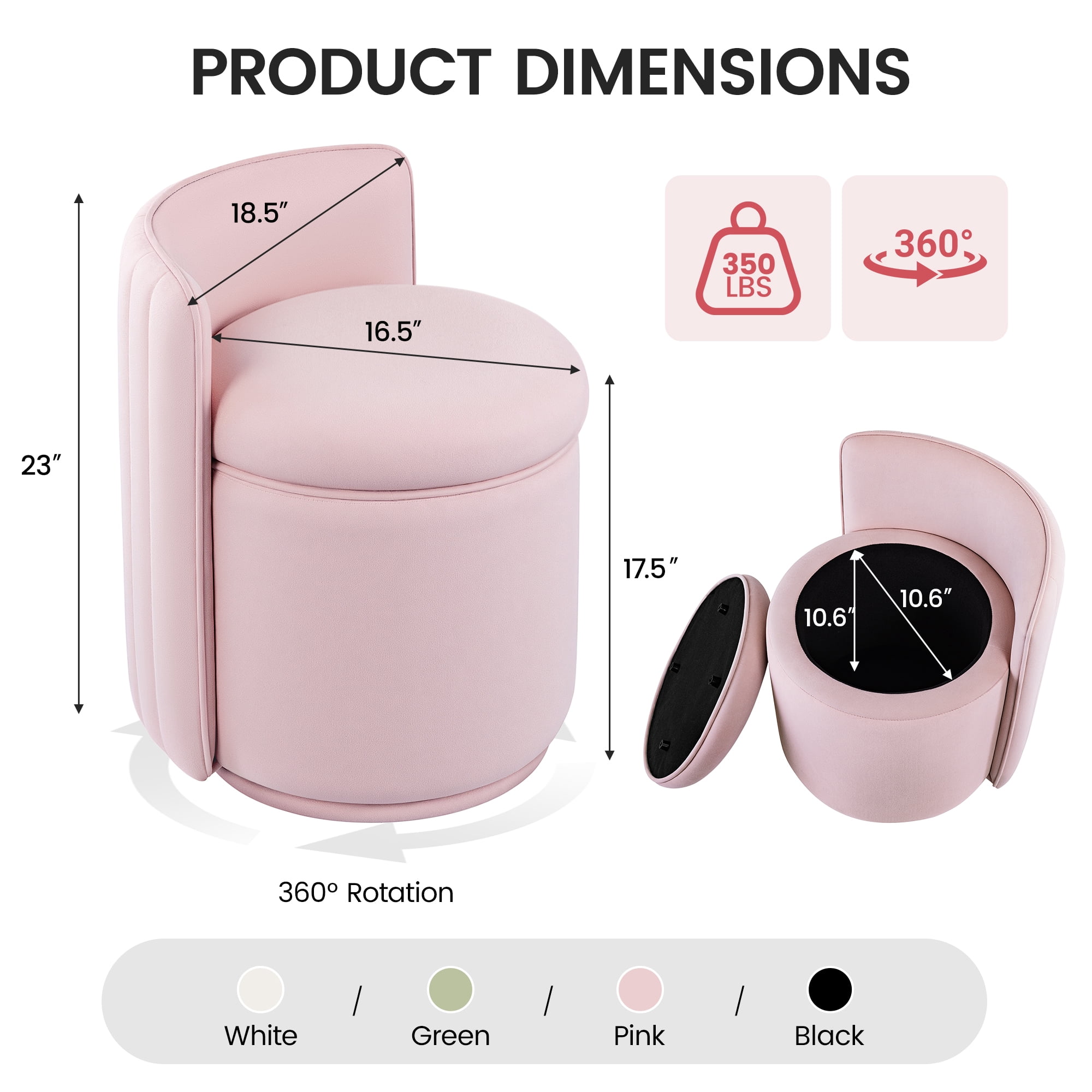 COOLHUT Vanity Chair, Upholstered Vanity Stool with Storage, Velvet Swivel Accent Chair, No Assembly Small Accent Stool, Makeup Chair for Bedroom, Living Room and Dressing Area, Pink