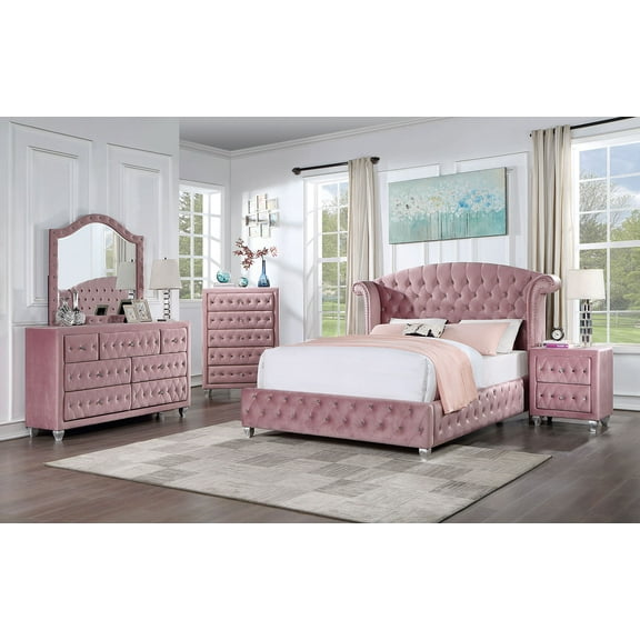 Queen Size Bed Dresser Mirror Nightstand 4pc Set Bedroom Furniture Pink Fully Upholstered Tufted Wingback Design