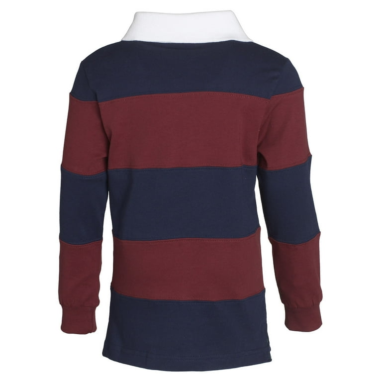 Sportoli Big Boys 100% Cotton Wide Striped Long Sleeve Polo Rugby Shirt - Burgundy (Size 12)