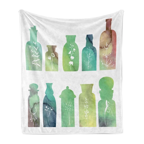 Apothecary Soft Flannel Fleece Blanket, Vintage Watercolor Botanical Herbal Treatment Bottles Medicine Aromatic Nature, Cozy Plush for Indoor and Outdoor Use, 50" x 60", Multicolor, by Ambesonne