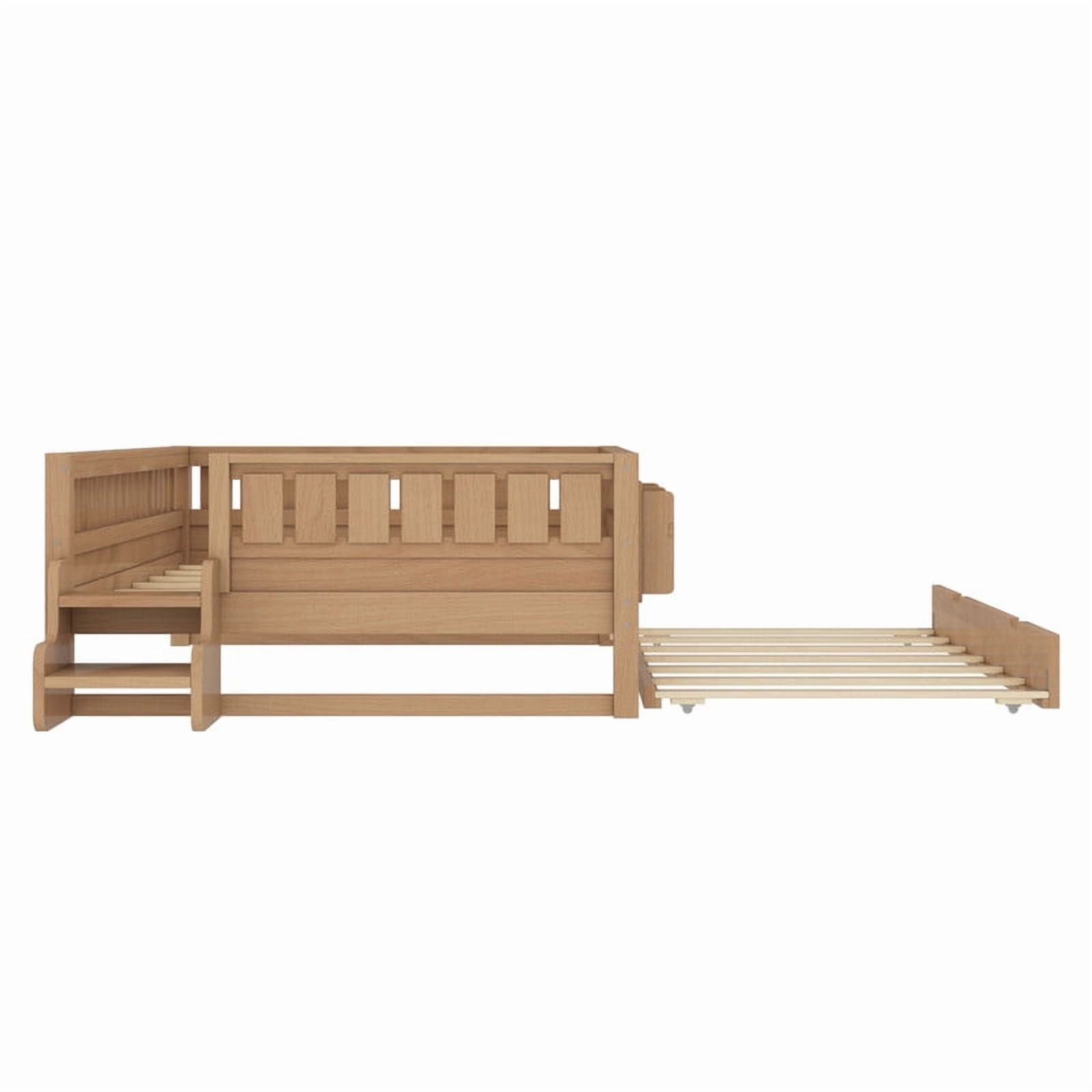 Bellemave Full Bed with Trundle and Small Stairs, Full Size Platform Bed Frame with Rail and Bookshelf, Wooden Montessori Floor Bed No Box Spring Needed,Natural