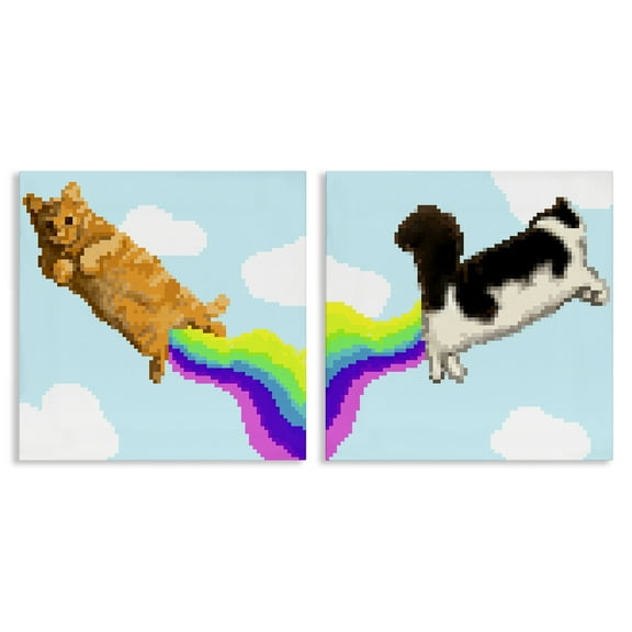 Stupell Industries Pixel Cats with Rainbows Animals Painting Wrapped Canvas Art Print Wall Art, 17 x 17, Set of 2
