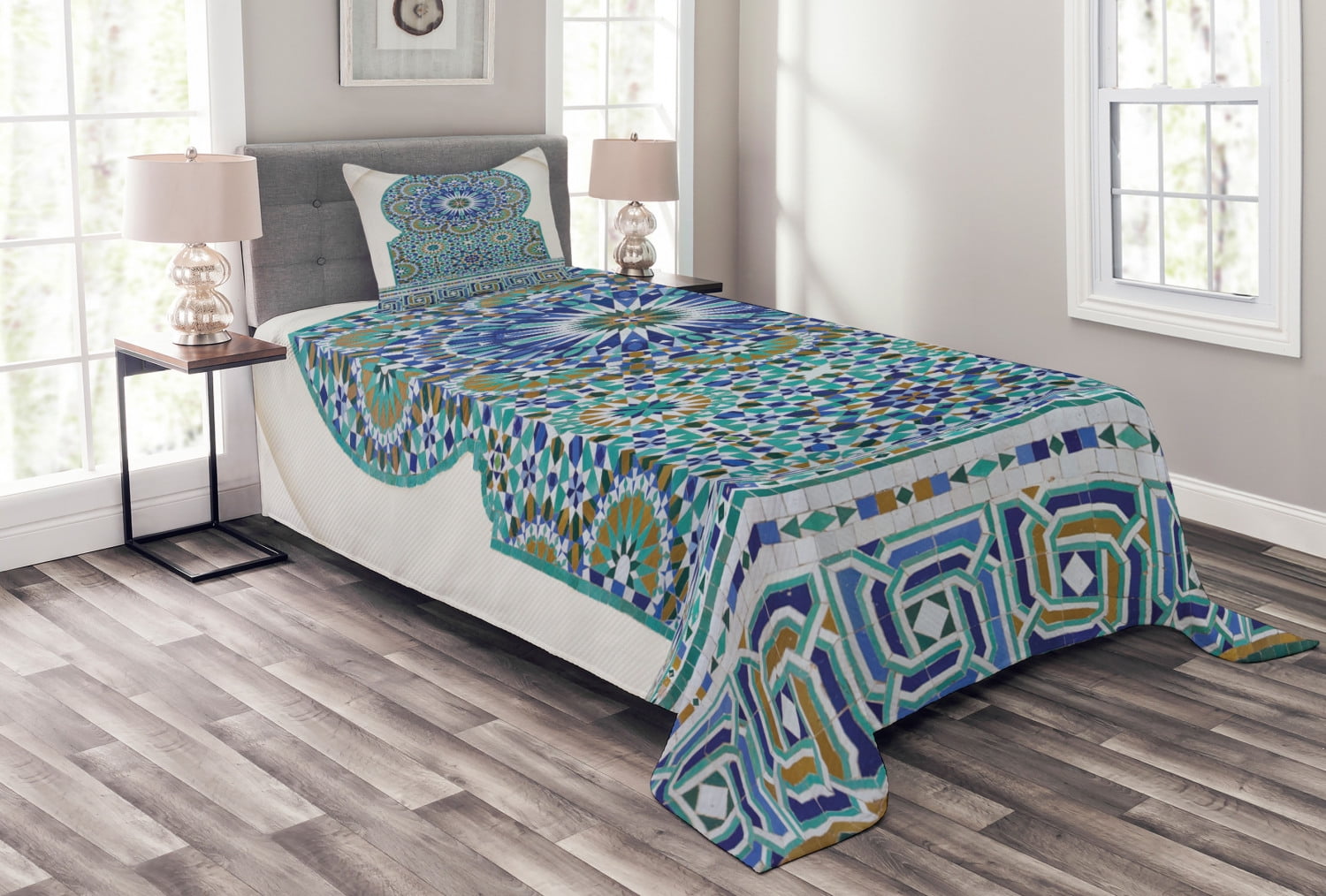 Moroccan Bedspread Set, Ceramic Tile Antique East Pattern Heritage