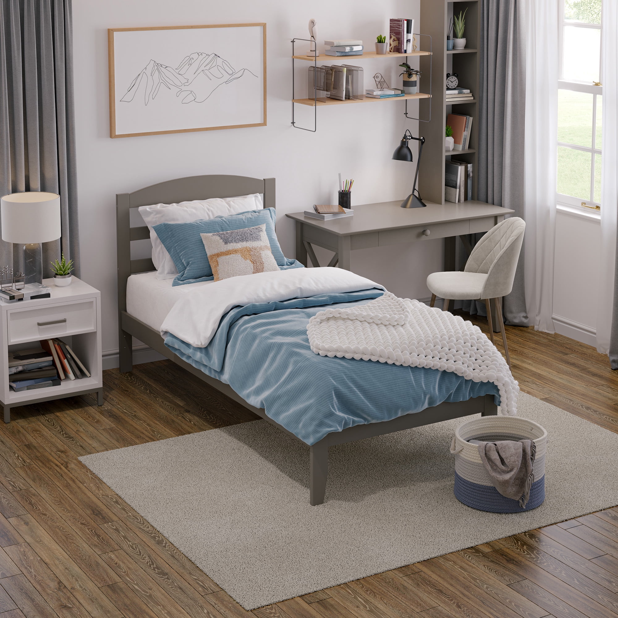 AFI Warren 14" Twin Wood Platform Bed Frame with Slatted Headboard, Grey