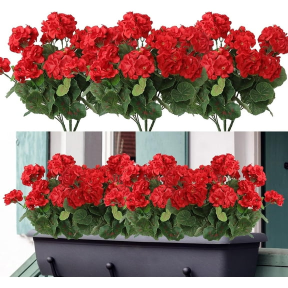 Pozyie 3-Pack 14" Artificial Geraniums UV Resistant Silk Flowers for Outdoor Garden Décor, Faux Flower Bushes for Home, Wedding, or Table Centerpieces,Red