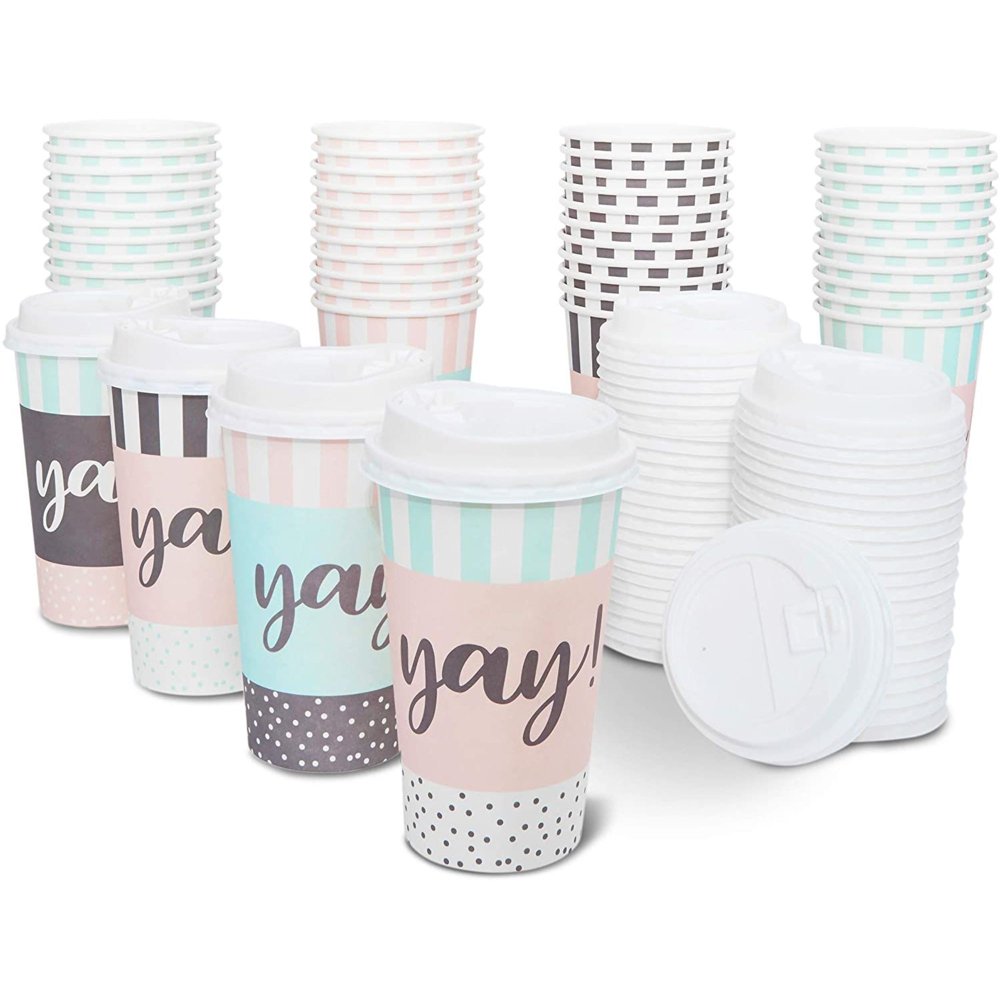 48Pack Yay! Decorative Insulated Disposable Coffee Cups with Lids