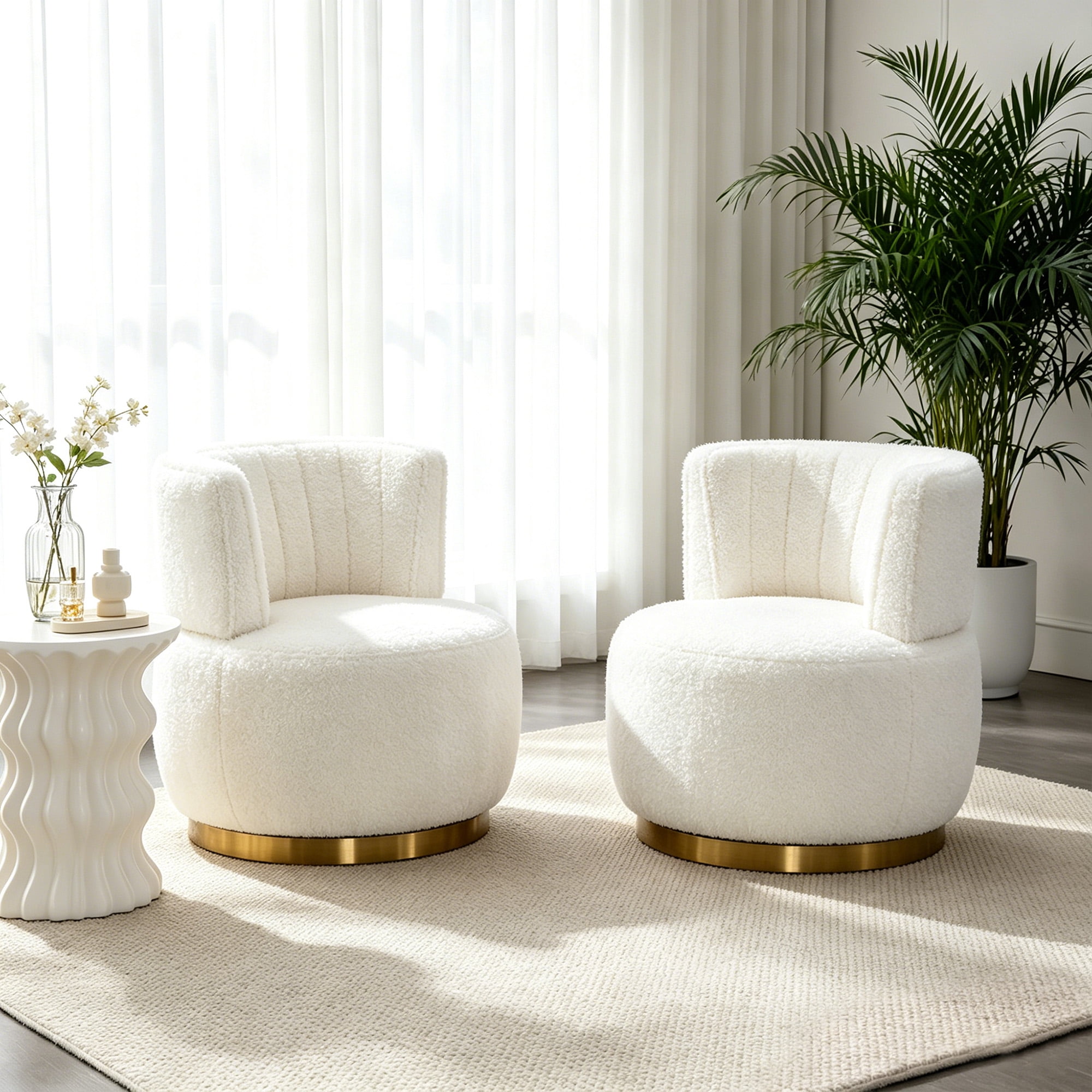 MOONMISS 360° Swivel Barrel Accent Chairs, Round Armchairs with Wide Upholstered, Teddy Fabric for Living Room, Bedroom,White