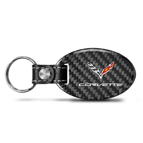 iPick Image for Chevrolet Corvette C7 Black Real Carbon Fiber Oval Shape with Black Leather Strap Key Chain, Official Licensed