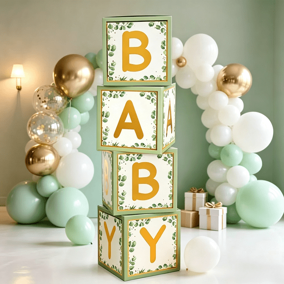 4pcs Baby Shower Decorations, Baby Boxes with Letters,  Floral Baby Shower Decorations for Boy Girl, Balloon Boxes for Gender Reveal Birthday Party Supplies (Sage Green)