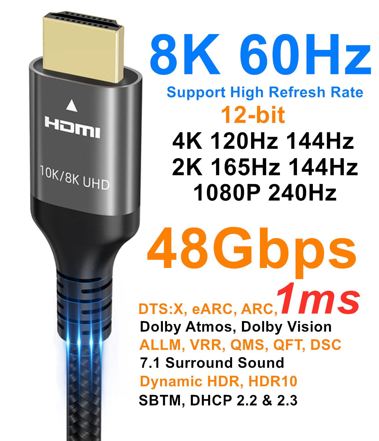 Anhuicco Cable HDMI 2.1 HDR Certificado 0,5 Metro 48Gbps 8K 10K