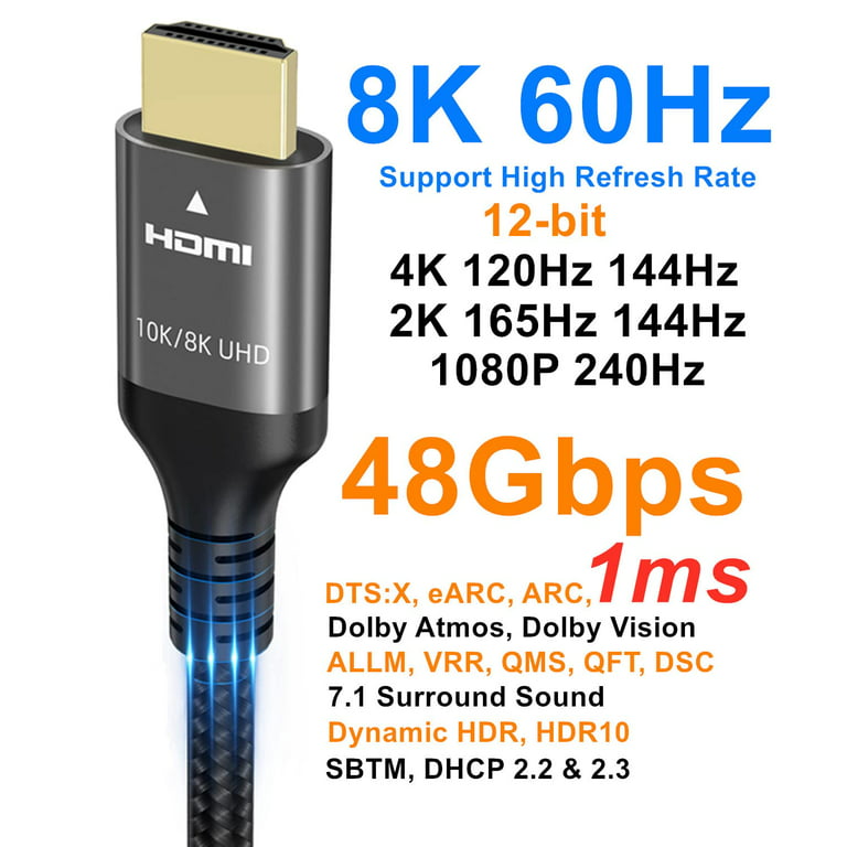 nød eftermiddag fænomen 10k 8k 4k HDMI Cable 6.6 FT, Certified 48Gbps 1ms Ultra High Speed HDMI 2.1  Cable 4k 120Hz 144Hz 8k 60Hz 12bit ARC eARC DTS:X Dolby Atmos HDR10  Compatible for Mac Soundbar