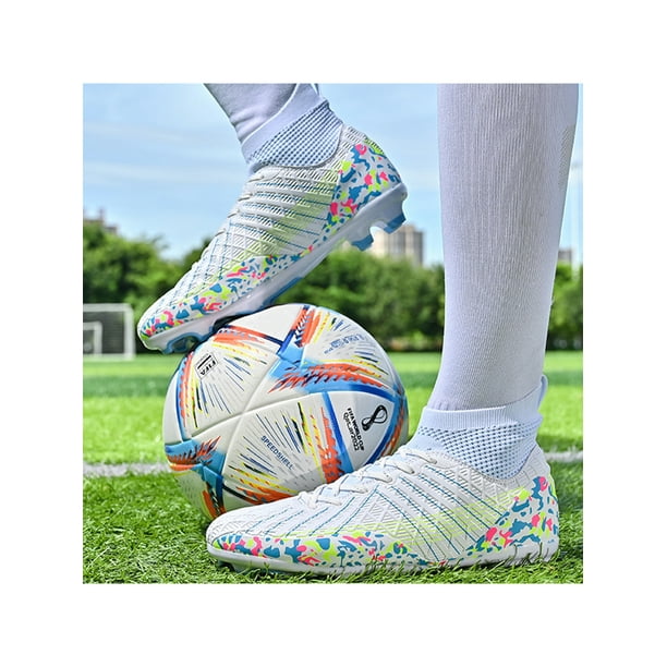 Ukap crampons de football unisexes baskets au sol fermes pointes chaussures  de football chaussures de sport en plein air légères Blanc 4little kids 