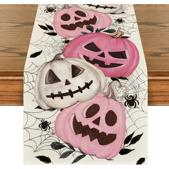 Pink Pumpkins Spider Web Halloween Table Runner, Seasonal Fall Kitchen Dining Table Decoration for Home Party Decor 13x72 Inch