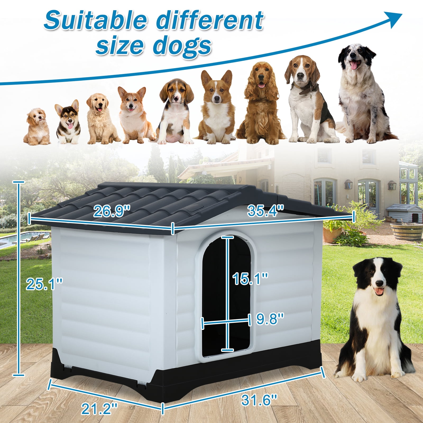 CL.HPAHKL Dog Houses, Outdoor Dog House Weatherproof Ventilate Waterproof Doghouse Puppy Shelter with Elevated Floor and Air Vents Insulated Dog House (21.2" L x 31.6" W x 25.1" H, Black)