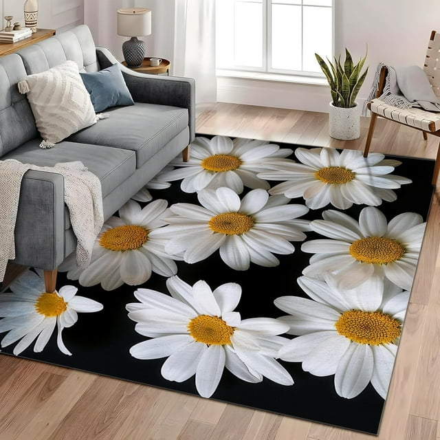 Washable Rug Modern Area Rug 3x5 ft Chrysanthemum Black Background Low Pile Bedroom Rug, Living Room Rug No Shedding Large Area Rug Lightweight Machine Washble Rug for Home