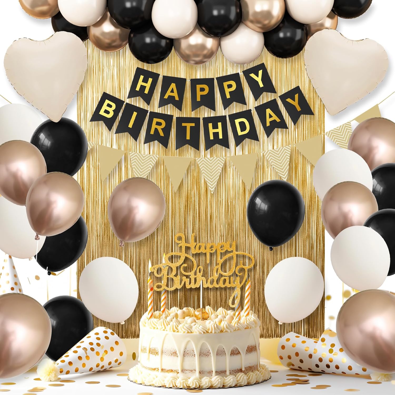 Black Gold Birthday Decorations,Party Decorations with Sand White Champagne Gold Balloon Heart Balloons Happy Birthday Banner Fringe Curtain for Women Men  Baby Shower Birthday Party Decor