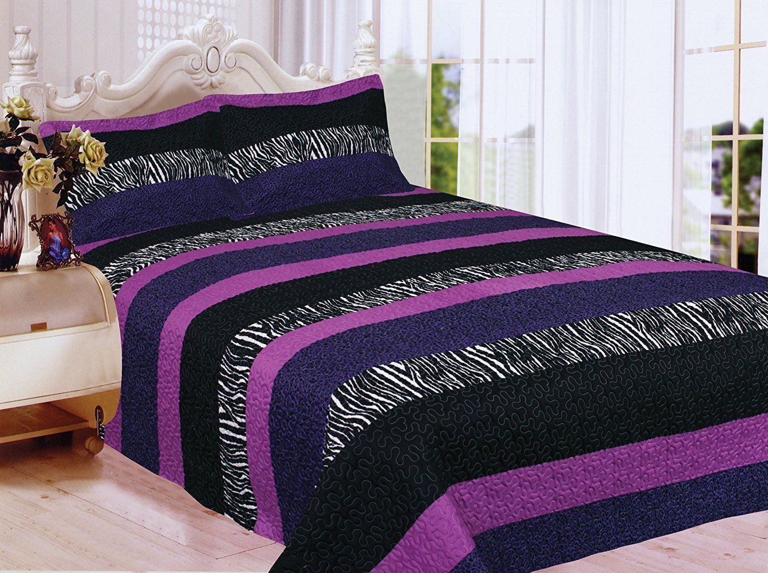 Fancy Linen 3pc Full Bedspread Teens Zebra Leopard Purple Pink White Black New