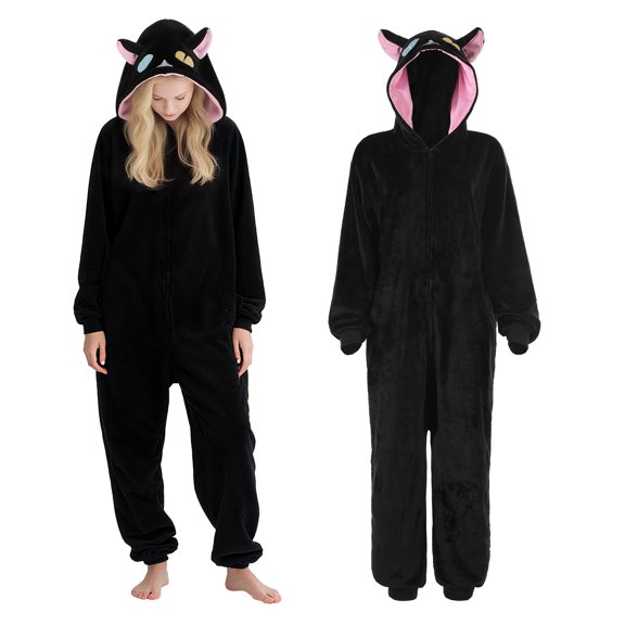 GOBWCOT Plush Black Cat Onesie for Adults Unisex Animal Hooded Jumpsuit Cozy Flannel One-Piece Pajamas with Cat Ear Hood Halloween Costume,M