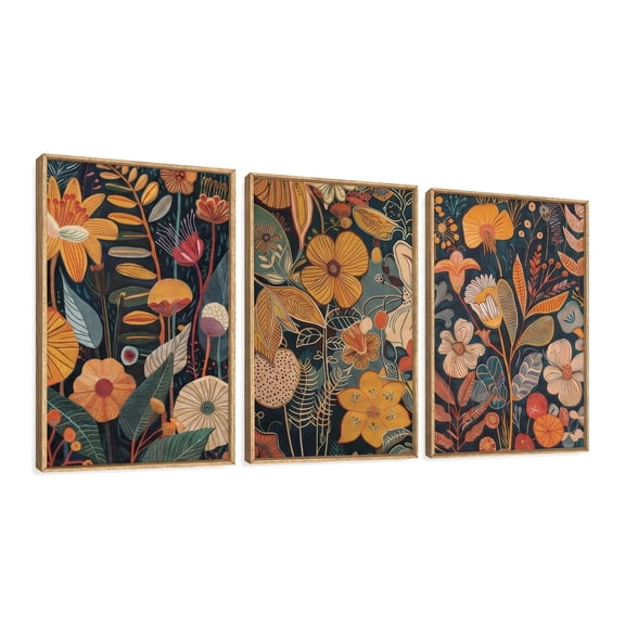 Burnt Orange Floral Framed Wall Art Large Mid Century Modern Flower Canvas Wall Prints Boho Botanical Wall Decor Multicolor Neutral Plant Painting Set of 3 for Living Room Bedroom Office 24x36 Inches