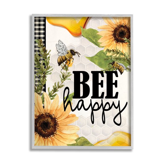 Stupell Industries Bee Happy Sunflower Insect Hive Harvesting Honey,16 x 20, Design by Kim Allen