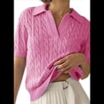 thumbnail image 2 of Suéter de Corta con Cable para Mujer, Top de Punto Liso con Cuello en V y Solapa, Camisa Informal Suave, Color Rosa, Talla L, 2 of 6