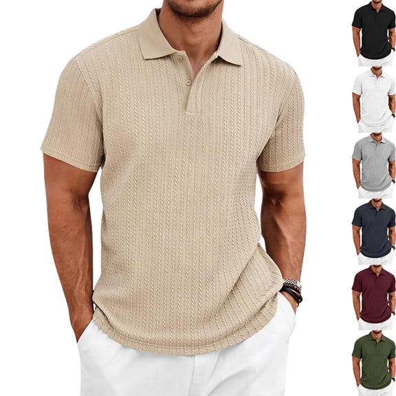 KLHDSF Men's Short Sleeve Knit Polo Shirts Textured V Neck Casual Golf Shirt Summer Pullover Collared Sweater Army Green L