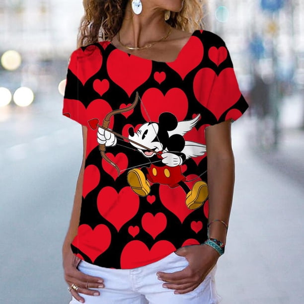 Women Disney Mickey Mouse Minnie 3D Print T-Shirt Loose Short Sleeve T-Shirt Top Fashion Ladies Boho V-neck 3D T-shirt XS-5XLXXXL Gao Jinjia LED