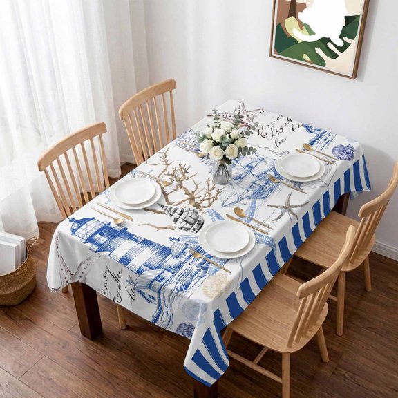 Navy Blue Coastal Table Cloth Waterproof Tablecloths, Summer Nautical Lighthouse Starfish Tablecloth Dining Table Cover for Kitchen Party Tabletop Outdoor, Rectangle Tablecloth 60x102 Inch